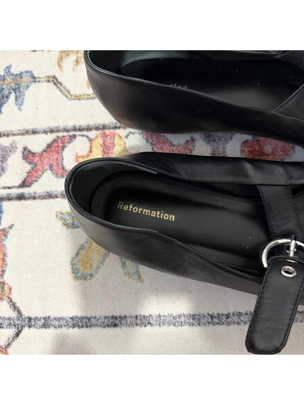 Reformation 9.5 Black Leather Mary Jane Ballet Flats Silver Buckle Shoes